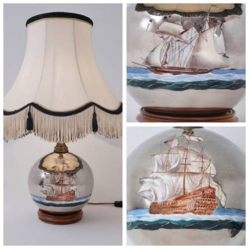 Mercury glass antique table lamp, galleon & ship, handblown, 1920`s ca, English